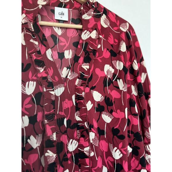 CABI Poppy Floral Blouse Sz M Ruffle Split Neck Balloon Sleeves Ruche Waist Boho - Picture 2 of 12